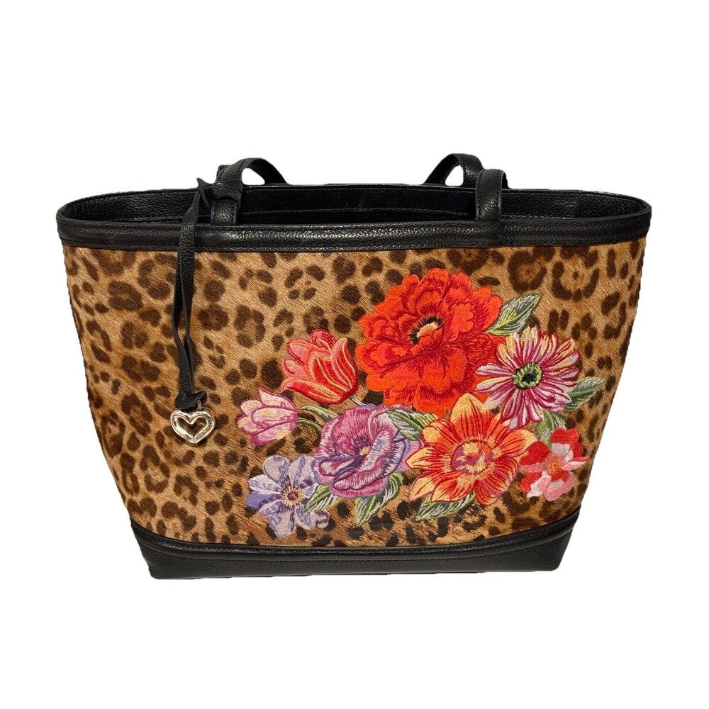 BRIGHTON Lex Tote Uptown Spots Black Leather Embroidered Flowers